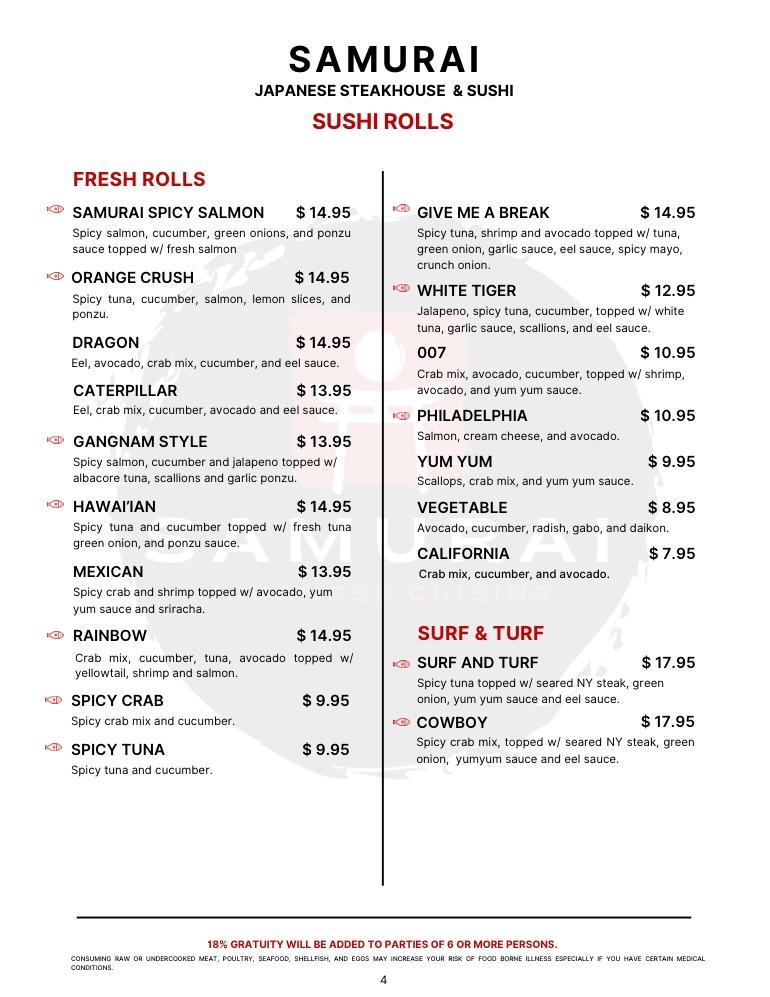 Samurai Japanese Steakhouse & Sushi Menu image 2